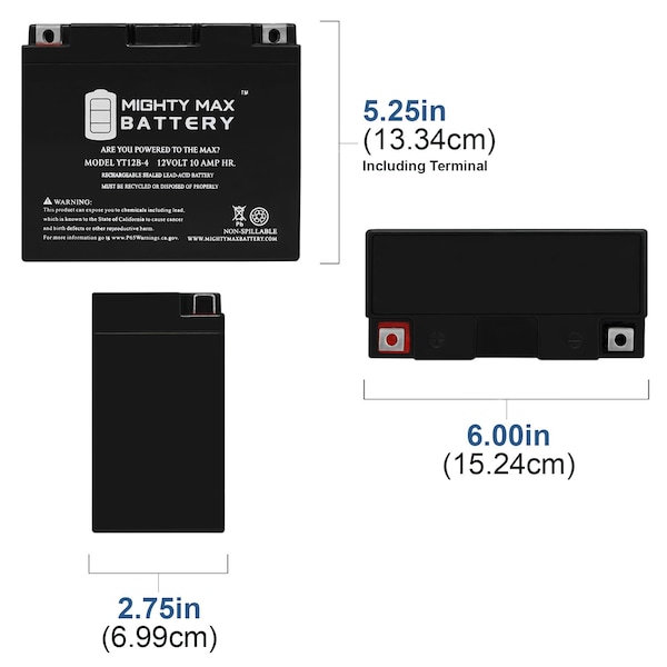 YT12B-4 12V 10Ah Replacement Battery Compatible With Kawasaki 1000CC ZX1000C Ninja 04-10 - 2PK